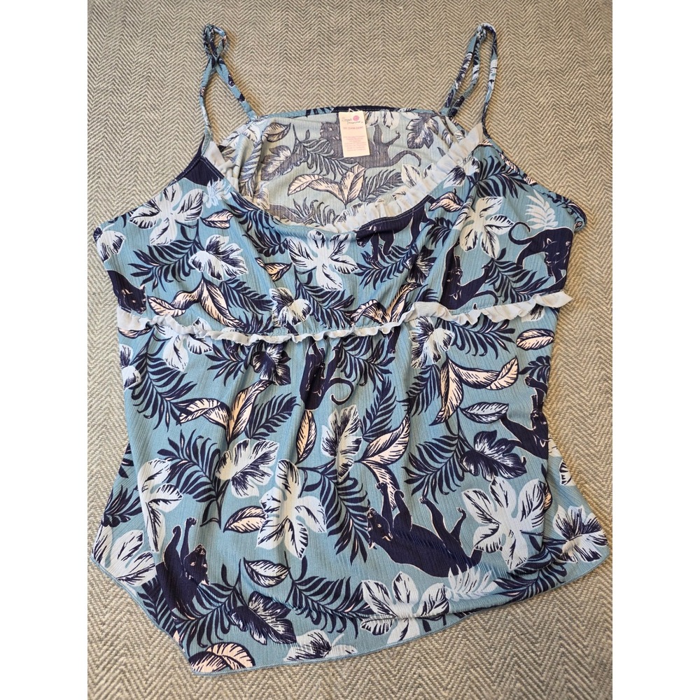 Secret Treasures Cami Top Women's 3X Blue Tropical Panther Jungle Print Ruffle